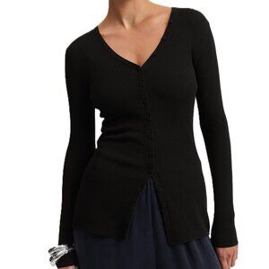 COUNTRY ROAD Australian Black Merino Wool Silk Rib Cardigan Medium Fine Knit EUC